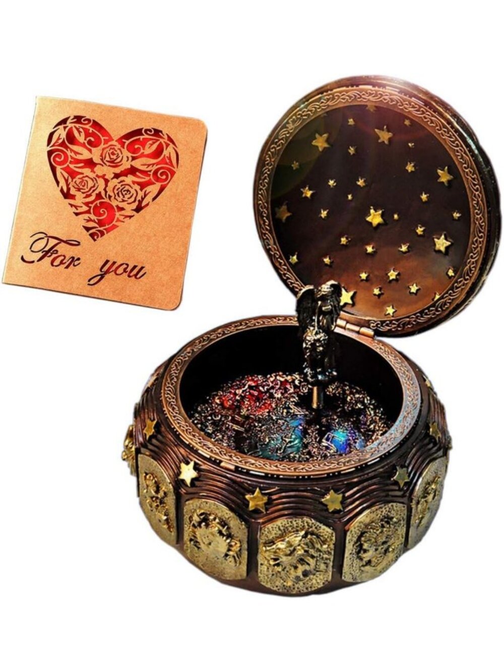 Vintage Music Box with Constellations & LED Lights, Twinkling Zodiac Gift